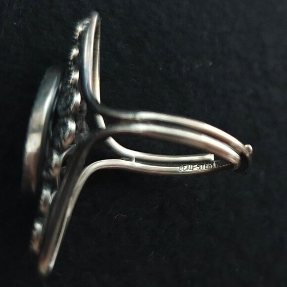 Rare Vintage 1940s Beaucraft Sterling Silver Filigree Black Onyx Adjustable Ring - Picture 5 of 12